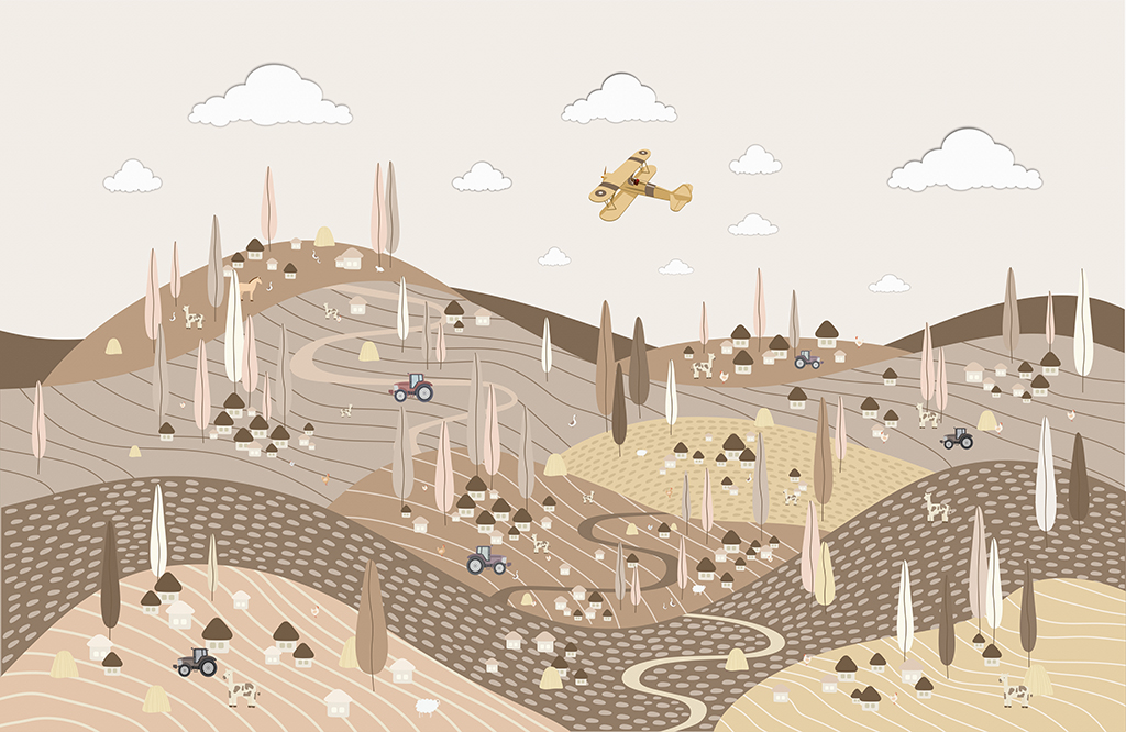 Фотообои и фрески - Самолётик над фермой в коричневых пастельных оттенках 2D