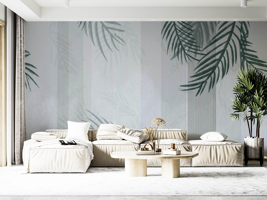 Фотообои и фрески - Пальмовые листья на светло-зеленом фоне