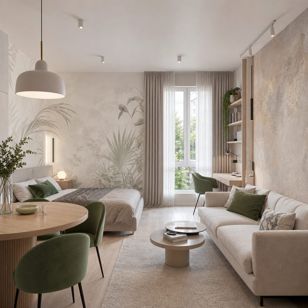 Фотообои и фрески для квартиры-студии: как зонировать пространство без перегрузки интерьера