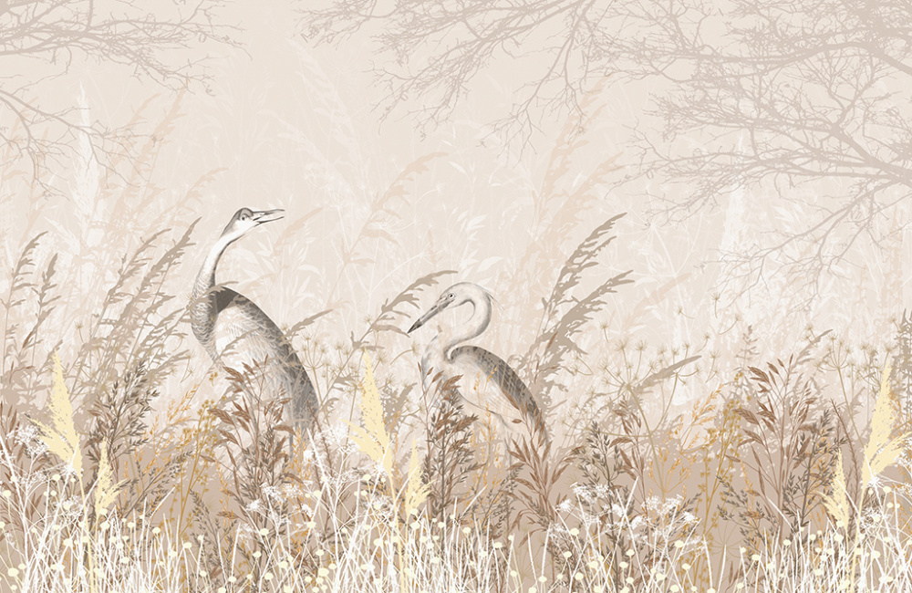 Фотообои и фрески - Птицы на лугу в тёплых оттенках