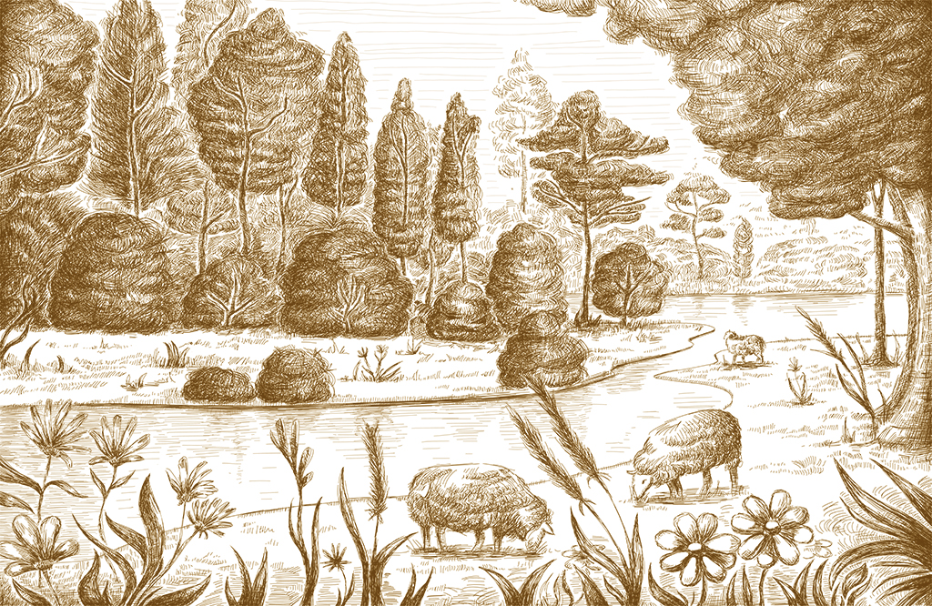 Фотообои и фрески - Овечки у лесной реки в сепии